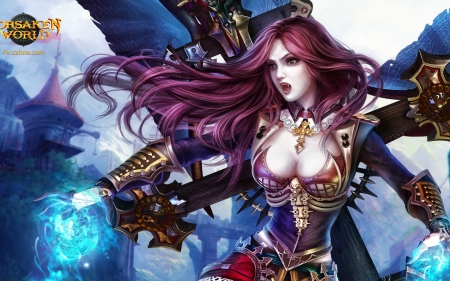 Fantasy girl - red, purple, pink, game, fang, gun, girl, blue, fantasy, vampire, forsaken world, woman