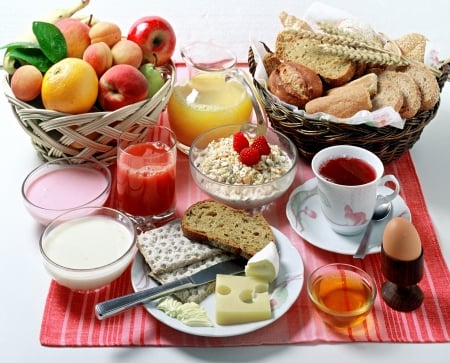 Delicious Breakfast - healthy, fruits, tea, juice, bakery, food, egg, bread, drinks