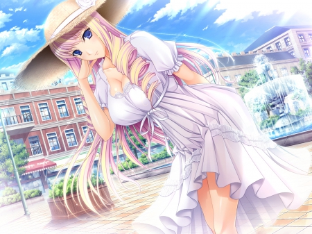 Summer Day - pretty, anime, summer, dress, blonde, long hair, houses, sky, hat, beautiful, girl, beauty, lovely, sweet, buildings, white, lady, woman, cute, park