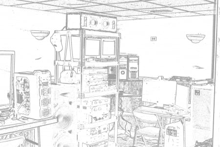 Digital Life of a Child bedroom - outline, computers, rig, bedroom, lots, servers, messy, computer, black and white, homemade