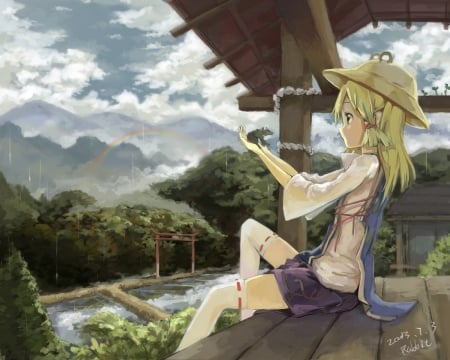 Hello Mr. Frog - rainbow, skirt, sky, landscape, hat, rain, frog, touhou, moriya suwako, clouds, anime, short hair, blonde