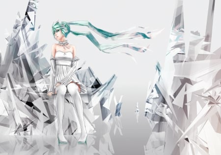 Vocaloid - pretty, wwoman, anime, blue, dress, long hair, crystal, aqua, art, beautiful, girl, beauty, lovely, stones, mirrow, grey, white, lady