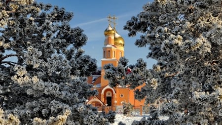 beautiful orthodox church in kazakhstan - domes, trees, church, winter, gold