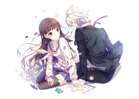 Ashita, Boku wa Shinu. Kimi wa Ikikaeru. - skirt, puzzle, couple, brown eyes, long hair, brown hair, ashita boku wa shinu kimi wa ikikaeru, tie, anime, friends