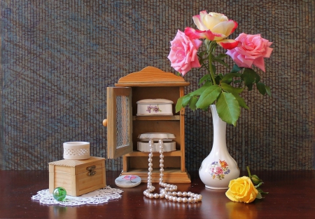 The Possessions - style, cream, beautiful, flowers, vase, still life, jewels, decor, roses, home, possessions, pearls