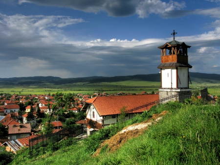 Bulgarian Village - clouds, beautiful, photography, photo, Bulgaria, church, architecture, religious, village, gree, nature, houses, sky