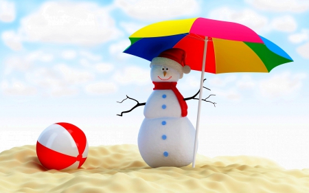 MERRY CHRISTMAS - christmas, umbrella, snowman, beach, ball