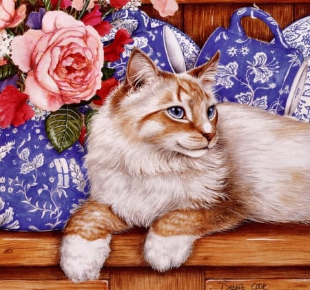 Cat posing - resting, blossom, artwork, pillow, flower, kitty