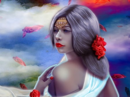 Fantasy Girl - lady, red, rose, asian, flower