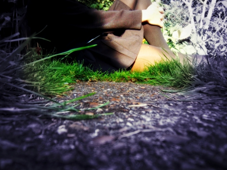 sitting on grass - girl, grass, light, ground, outdoors, nature, pavement, green, garden, field, sitting