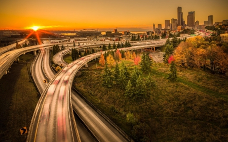 Autumn Sunset - view, autumn, trees, city, sunset, bridges, bridge