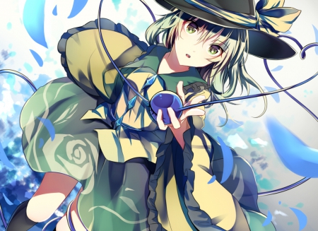 Look At Me - touhou, short hair, green eyes, hat, anime, green hair, komeiji koishi