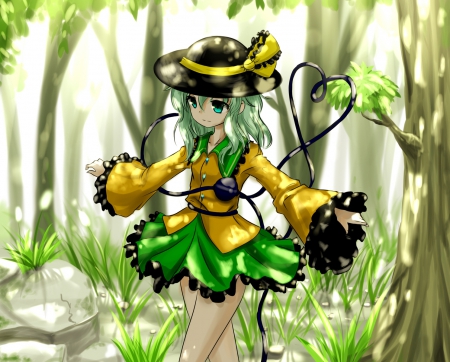 Komeiji Koishi - hat, anime, touhou, komeiji koishi, forest, green eyes, green hair