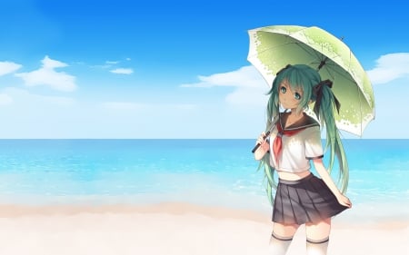 Hatsune Miku - beach, girl, school, hatsune, pretty, umbrella, anime, uniform, miku, cute