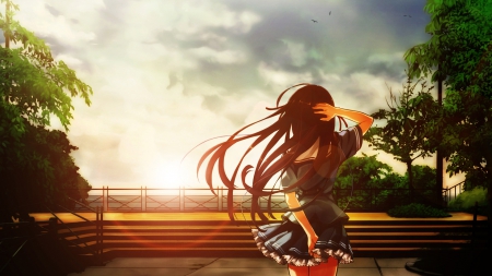 sunset - pretty, anime, sunset, skyline, school, girl, cute, uniform