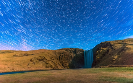 Star Long Exposure over Skogafoss, Iceland - nature, stars, iceland, waterfall