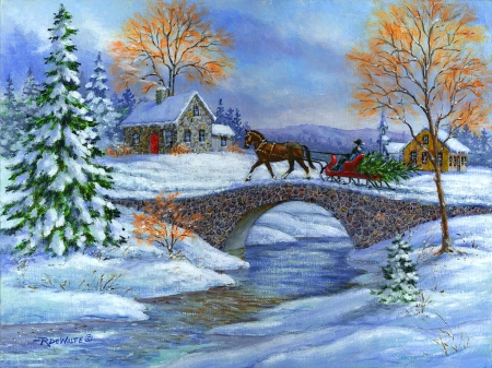 This year tree - quiet, creek, snow, stream, year, calmness, shore, holiday, frost, nice, cottage, house, trees, winter, beautiful, snowy, lovely, tree, village, christmas, river, frozen, horses, new year, cold, serenity, ride, country, peaceful, bridge