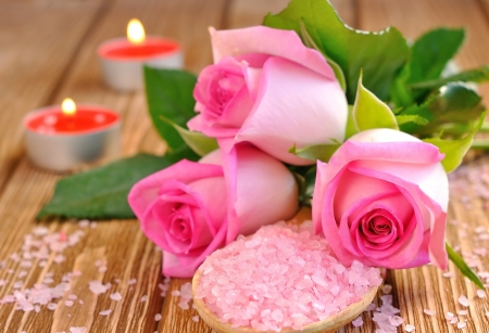 .:Pink Beauty Roses.: - pink roses, beauty, candle, roses, candles, salt, still, softness, life, salt from bath, pink