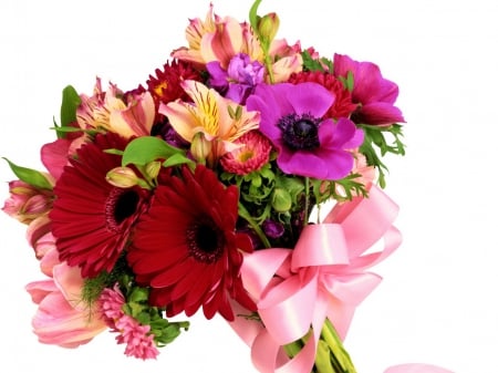 Bouquet - ribbon, pink, beauty, flowers, bouquet, red gerbera