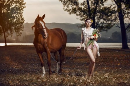 ♥ - flowers, women, nature, model, scenary, fairy, beauty, horse