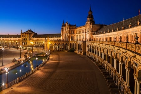 Beautiful Place - city lights, water, evening, buildings, spain, architecture, light, river, city, splendor, nature