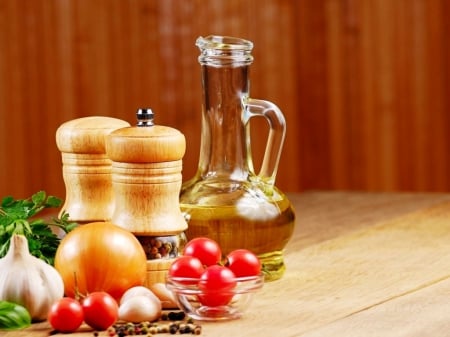 Oil & Vegetables - oil, photography, spices, vegetables, food, photo, onion