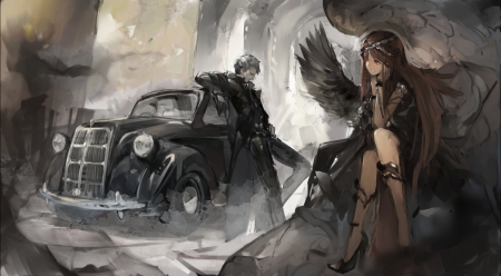 Angel in Love - beauty, angel, wings, black, white, red eyes, art, car, pretty, grey, anime, cute, love, feathers, girl, couple, long hair, lovely, lovel, boy, sweet, guy, dress