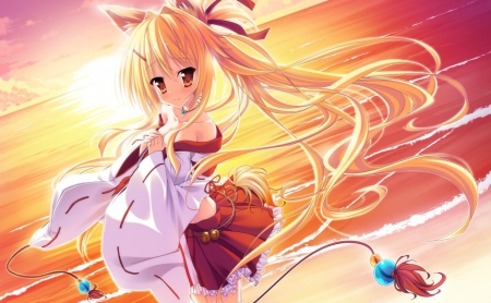 Karin Amagi - cg, game, neko, sunset, girl, blonde, long hair, miko