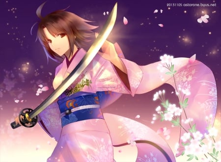 Ryougi Shiki - brown eyes, anime, sword, ryougi shiki, kimono, brown hair, petals, flowers, japanese clothes, weapon, kara no kyoukai