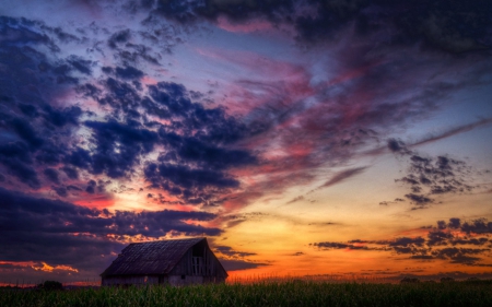 barn at twilight - twilight, field, clouds, barn