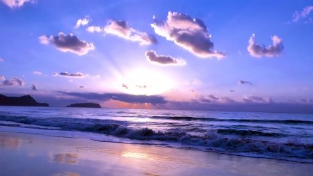 spectacular beach sunset - clouds, sunset, beams, beach, waves, sea