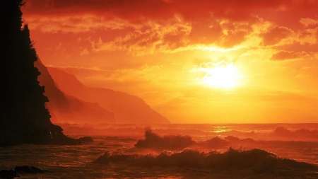 spectacular ocean sunset - coast, yellow, sunset, sea, waves