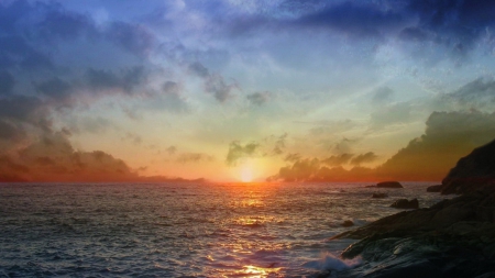 gorgeous sea sunset - shore, sunset, sea, clouds