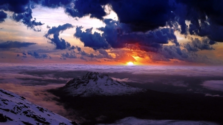 sunset above the clouds - dark, clouds, sunset, mountains, peaks