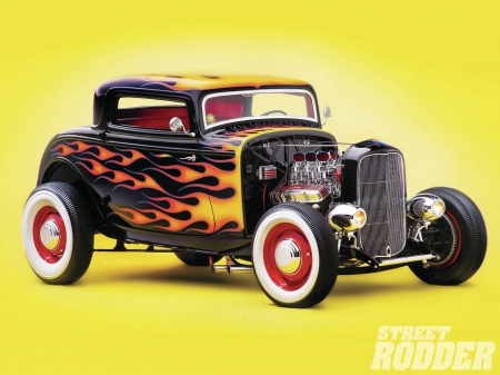 1932-Ford-Coupe - classic, white walls, black, flames