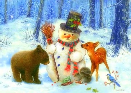 ★Christmas Friendship★ - trees, snowman, greetings, paintings, snow, holidays, xmas and new year, forests, love four seasons, winter holidays, animals, wildlife