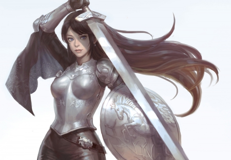 warrior girl - armor, war, girl, sword, long hair, shield