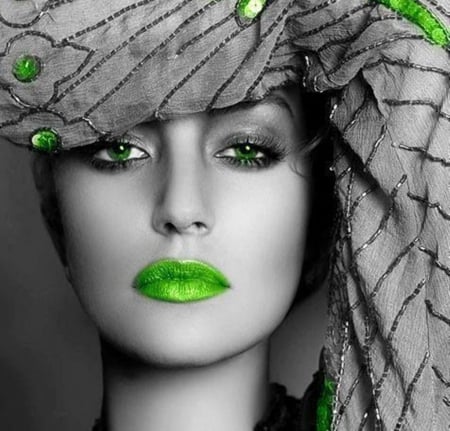 grey and green - lips, grey, people, woman, green, fashion