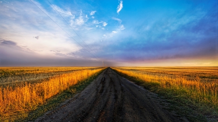 long dirt road between fields - sky, fields, road, electric lines