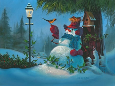 Tweet dreams - nice, dreams, cottage, peaceful, painting, art, quiet, pretty, calmness, cold, lantern, evening, holiday, tree, frozen, tweet, snowman, houses, light, winter, funny, lovely, bird, christmas, serenity, nature, village, frost, snow, beautiful, friends