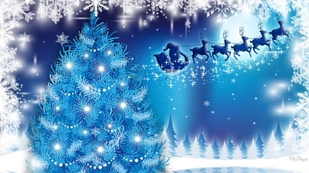 Blue Night Ride - sky, stars, trees, santa claus, snowflakes, shine, christmas, reindeer, forest, sleigh, blue, snow, tree, feliz navidad