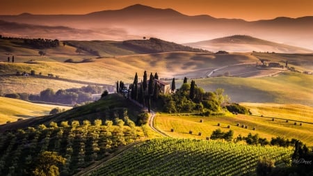 Tuscany Sunset - fields, sky, italy, hay, sunset, mountains, country, crops, estate, wine country