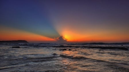 beautiful sunset on a wavy sea - cloud, beams, sunset, sea, waves