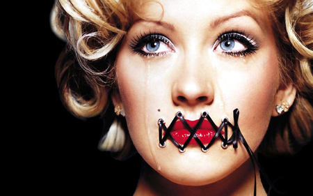 Speak No Evil?  - mouth, celebrities, tears, shoe string lips, singer, blonde, black shoe strings, Entropy, music, sad, christina aguilera, face