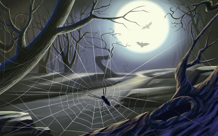 Spider in Web - moon, bats, night, tree branches, path, black spider, webbing, halloween, full moon, artwork, tree