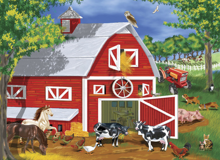 Barnyard and animals - tractor, fence, trees, animals, barn