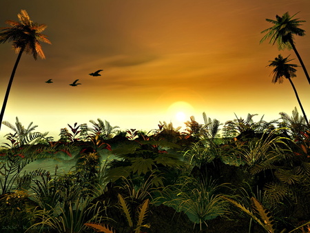 BOTANICAL SUNSET - plants, trees, sunset, birds