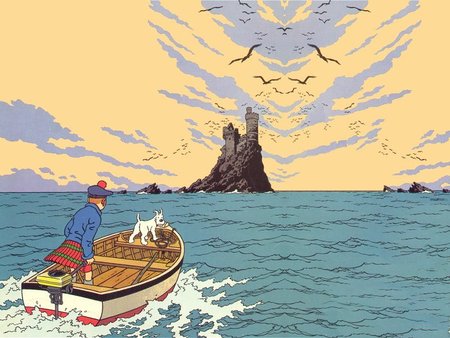 L'Ile Noire - cartoon, herge, dog, milou, seagull, colored, france, castle, snowy, sea, ile, cool, ocean, tintin, comic, funny, cartoons