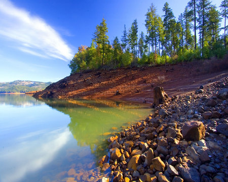 Secret Cove - cove, lake, trees, reflection, clouds, rocks