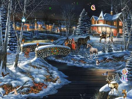 Christmas Fantasy - deers, christmas, winter, cart, snow, houses, horse, bridge